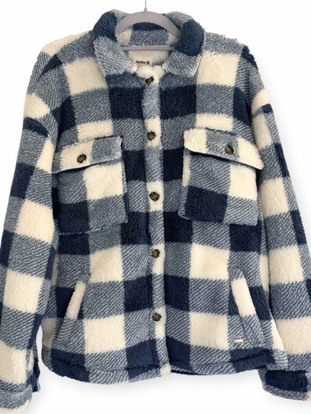 Hurley Women Navy and White Plaid Sherpa Jacket S
